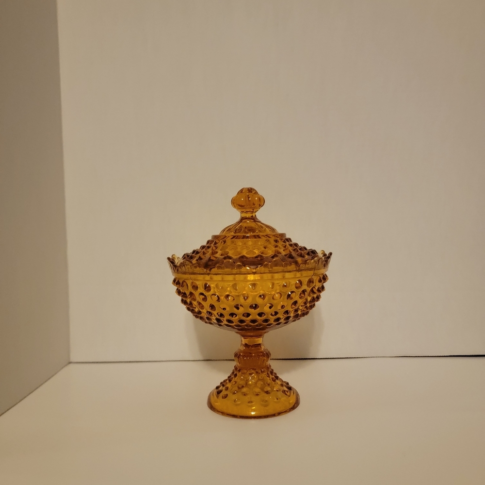 Amber Hobnail Covered Pedestal Dish